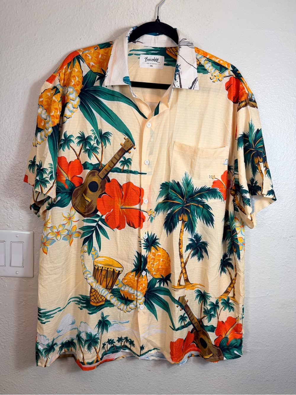 Boozelele Ukulele Pineapple Floral Yellow Mens Hawaiian Aloha Shirt 2XL Beach